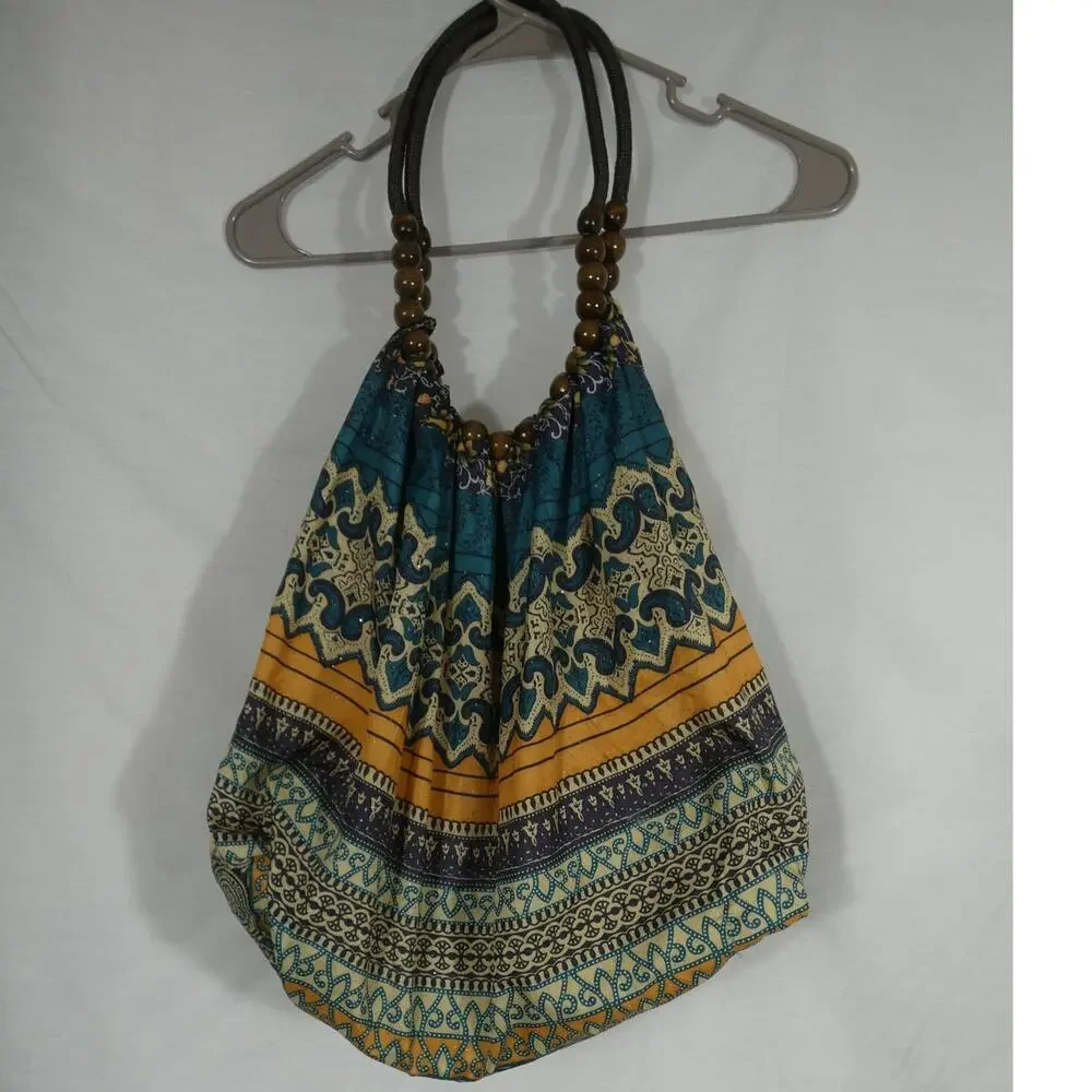 Bohemian Satin Hobo Handled Bag/Purse Beads Teal Purple Beige Casual Festival